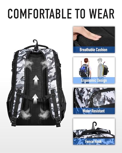 Large Baseball Backpack for Adult Youth 42L Softball Bat Bag with Detachable Adjustable Helmet Mesh Pocket Fit Basketball Soccer Volleyball Baseball Equipment Bag for Men Women 12+ Boys Girls - color: Black White Camouflage