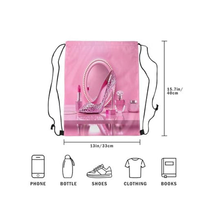 Castle Fairy Pink High Heel Drawstring Gym Bag,Rose Lipstick Foldable Waterproof Drawstring Backpack,Valentine'S Day Draw String Back Bags for Shopping,Swimming,Beach,Pink Rose - color: Pink Rose