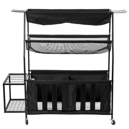 MyGift Garage Sports Equipment Organizer, 3 Tier Metal Ball Storage Bin with Wheels and Mesh Fabric Shelf Baskets, Rolling Gym Equipment Yoga Mat Storage Stand with Ball Toy Bins and 6 Hooks