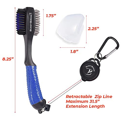 Retractable Golf Club Brush | Oversize Double Brush & Ergonomic Grip & Retractable Groove Cleaner & Lanyard - color: Blue