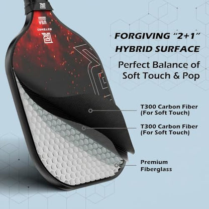 USAPA Approved Pickleball Paddles Set of 4 - T-300 Carbon Fiber Hybrid for Soft Touch & Control - Quiet Lightweight Core - Complete Starter Kit with Bag & Balls for Family & Beginners