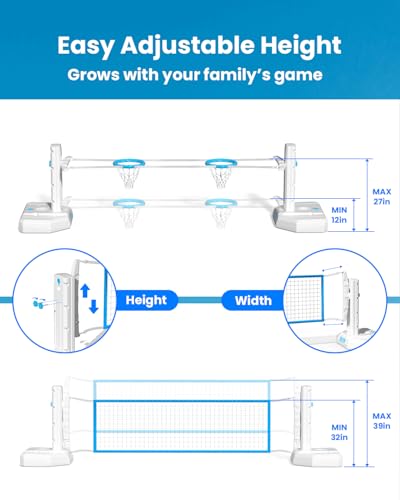 IGL Pool Volleyball Net & Pool Basketball Hoop 2 in 1, Height Adjustable Volleyball Net for Pool, Poolside Basketball Hoop with Fillable Base & Stand, Includes 4 Balls & Pump - size: 2 In 1 Set