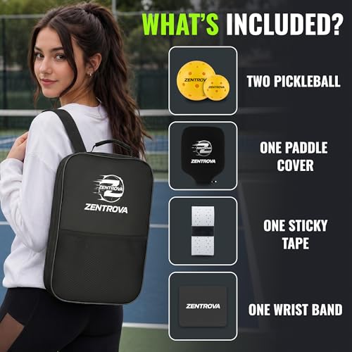 ZENTROVA Carbon Fiber Pickleball Paddle – T700 Raw Carbon Surface, 16mm PP Honeycomb Core, Max Spin & Control with Complete pickleballs Set, Cover & Carry Case – Beginner to Intermediate, Men & Women