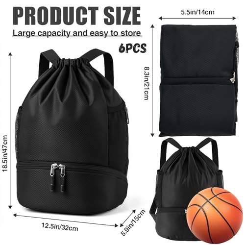 6 Pack Gym Drawstring Backpack Bags Bulk with Shoe Compartment for Sports Wet Proof Pocket for Men Women Large(Black) - color: Black