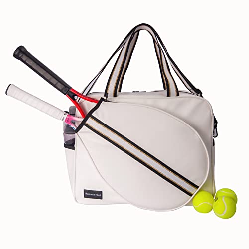 Remobia Hicol White PU Leather Women Large Sports Handbag Tennis Racket Shoulder Bag Tennis Tote Bag for 2 Rackets, with Water Bottle Holder