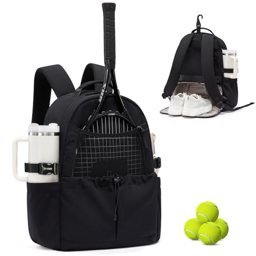 LOVEVOOK Tennis Bag for Women & Men, Fits 27" Rackets, Tennis Backpack with Ventilated Shoe Compartment & Wet Pocket, Ideal for Pickleball, Padel - color: Black, size: 26L 1-2 Rackets