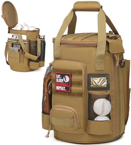 Baseball Bucket Bag 6 Gallon Bucket Cover Organizer w/Padded Seat tactical Softball Coaches Bag for Balls, Bat, Gloves, Scoreboards - color: Brown