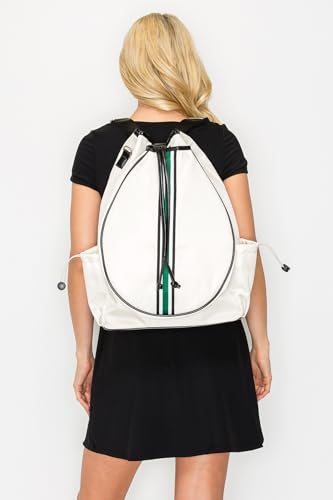 Tennis Bag for Women Racket Tote, Stylish Backpack - Unisex Racquet Sports Pickleball Bag Convertible Shoulder, Crossbody Strap Large Compartment - color: Backpack - Beige/Green Stripe