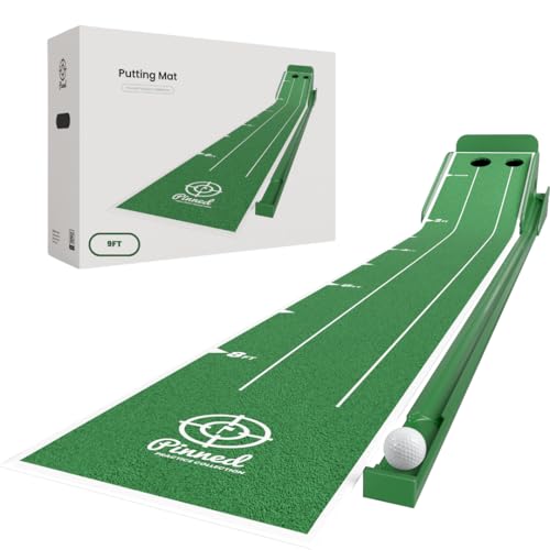 Pinned Golf The Roller - Premium Golf Putting Mat - 9-Foot Portable, Non-Slip Putting Green Indoor with Magnetic Ball Return & Distance Markers for Home & Office - color: Green