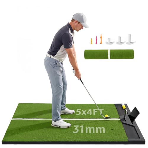 Large Golf Hitting Mat 5x4ft Indoor Outdoor Backyard, Thick Golf Practice Mat with Phone Slot & Ball Tray, Heavy Duty Artificial Turf Driving Range Golf Simulator Mat with Alignment Line - color: 5x4ft31mm
