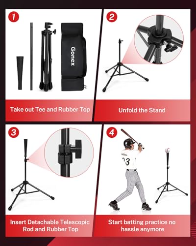 Gonex Baseball Tee Softball Tee Practice Hitting Batting Tripod Stand Rubber Tee Collapsible Portable with Carrying Bag - color: Black