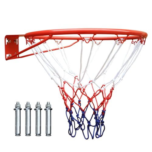 18" Basketball Rim Replacement, Wall Door Mounted Basketball Rim, Heavy Duty Basketball Flex Rim Goal Replacement with Net Fits In-Ground & Wall-Mounted Basketball Hoops, Indoor/Outdoor - color: Red