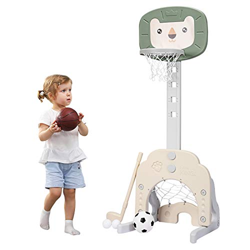 Costzon Kids Basketball Hoop, Toddler Sports Activity Center w/ 5 Adjustable Height Levels, Basketball Soccer Golf Game Set, Indoor Outdoor Basketball Hoop Set Gift for Baby Infant - color: Green Lion, size: 21” x 20'' x 43.5-58.5''(L X W X H)