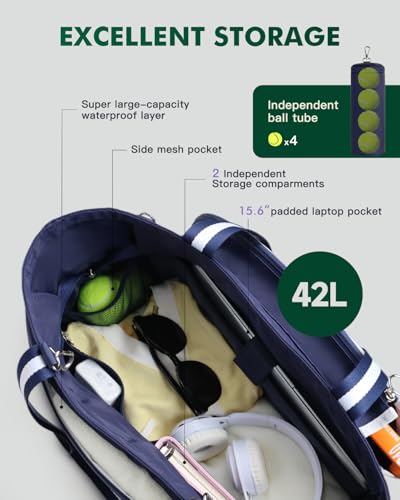 Tennis Bag for Women Men Tote Bag with Shoe Compartment & Wet Pocket, Fits 2 Rackets & 15.6” Laptop, Durable Sports Gym Overnight Weekender Bag with Fence Hook - color: Navy