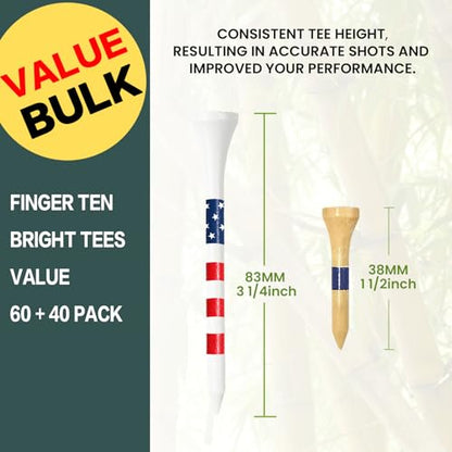 FINGER TEN Golf Tees Wood Wooden 3 1/4 Long Tee and 1 1/2 Short Tee Value Pack for Men Women Kids, Bamboo Driving Range Tall Small Ball Tees Gift Set - size: 60 Pack 3 1/4 Inch+40 Pack 1 1/2 Inch