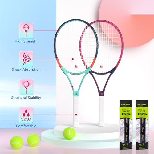 Adult 2 Player Tennis Racket Perfect for Beginner and Professional Players, 27” Speed Tennis Racquet Include Tennis Balls, Overgrips, Tennis Bag, Vibration Dampe, Cover - color: Dark Blue & Red