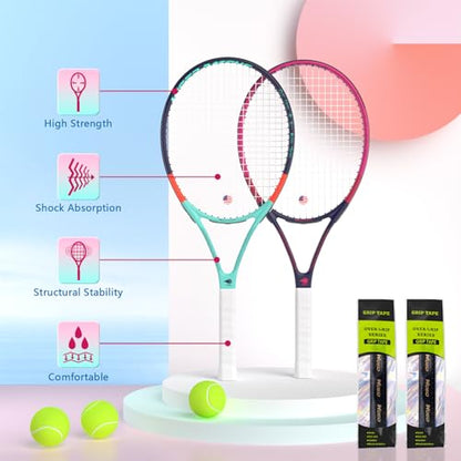 Adult 2 Player Tennis Racket Perfect for Beginner and Professional Players, 27” Speed Tennis Racquet Include Tennis Balls, Overgrips, Tennis Bag, Vibration Dampe, Cover - color: Dark Blue & Red
