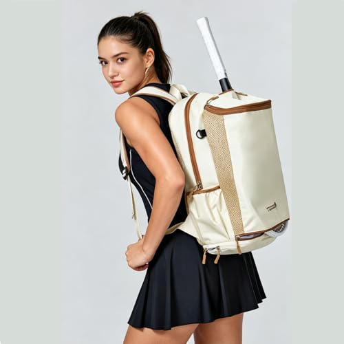 Tennis Bag Tennis Backpack for Women Men, Large Tennis Backpack 25L with Ventilated Shoe Compartment,Water-Resistant Sports Gmy Bag Fit for Pickleball, Badminton Court Training & Daily Use - color: Beige