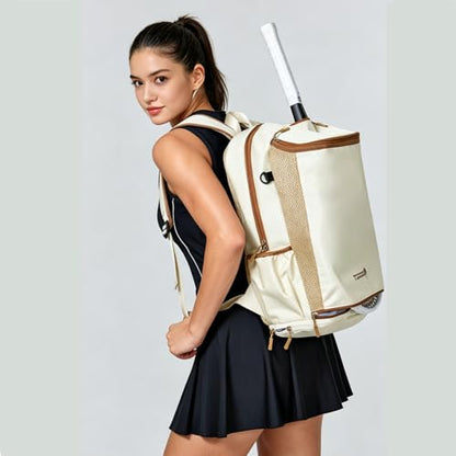 Tennis Bag Tennis Backpack for Women Men, Large Tennis Backpack 25L with Ventilated Shoe Compartment,Water-Resistant Sports Gmy Bag Fit for Pickleball, Badminton Court Training & Daily Use - color: Beige