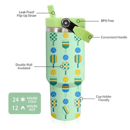 30 oz Tumbler with Handle Flip Straw Leak Proof - Pickleball Mug 30oz Tumbler Travel Coffee Mug with Handle - Birthday Gifts for Women Men Pickleball Lovers Players 30 Ounce Stainless Steel Cup - color: Pickleball Green