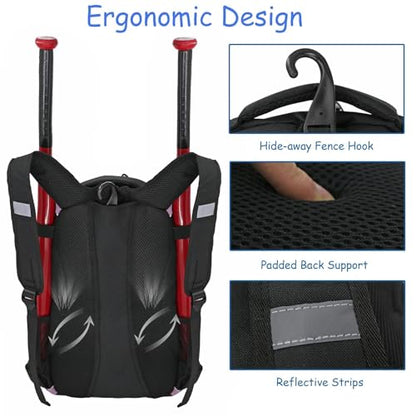 WOLT Youth Baseball Bag - Bat Backpack for Baseball, T-Ball & Softball Equipment & Gear, Bat & Glove Holder, Large Main Compartment for Helmet & accessories, Separate Shoes Compartment, Fence Hook - color: Lightpurple