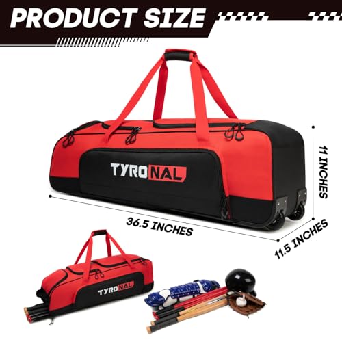 Baseball Bag with Wheels for 4 Bats,Soft Rolling Baseball Bag With Multi-Pockets, Fence Hook, Holds All Baseball Equipment. - color: Red/Blk