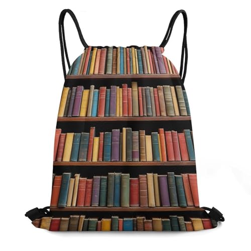 Swimming Drawstring Sack Waterproof Gym Backpack for Beach Sports Yoga Gear, Lightweight Unisex, Vintage Library Bookshelf Bookcase Art Bags - color: Picture (1015)