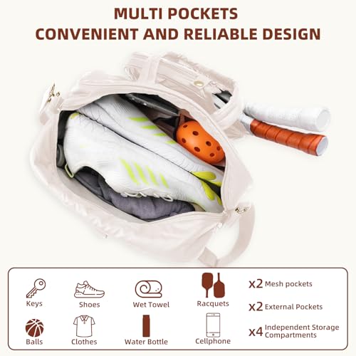 Women's Pickleball Bag with Ball Bag, Waterproof Pickle Ball Bag Tote Shoulder Bag - color: Cream