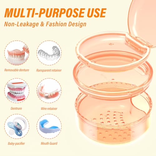Denture Case Retainer Cleaning Case: 2 in 1 Retainer Case, No-Leak Denture Bath Box Cup, Complete Clean Care for Dentures, Clear Braces, Mouth Guard, Night Guard & Retainers - color: Orange