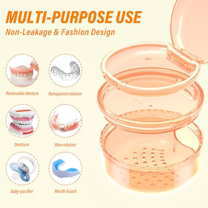 Denture Case Retainer Cleaning Case: 2 in 1 Retainer Case, No-Leak Denture Bath Box Cup, Complete Clean Care for Dentures, Clear Braces, Mouth Guard, Night Guard & Retainers - color: Orange