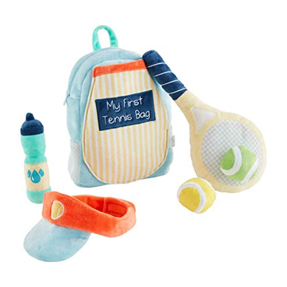 Mud Pie My First Tennis Bag Plush Set, Toddler Tennis Toy with Racket, Balls, Water Bottle and Visor, 18M+