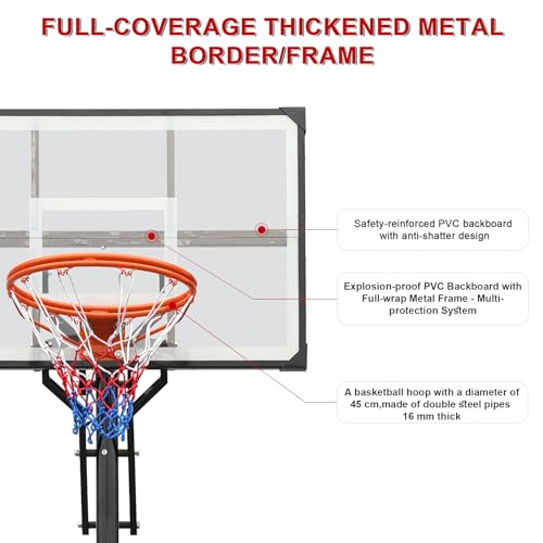 Heavy Duty Basketball Hoop Outdoor, 8-10ft Height Adjustable Basketball Goal System with Crank Handle, 44" Shatterproof PC Backboard & Spring Rim, Portable Basketball Hoop with Iron Base for Driveway