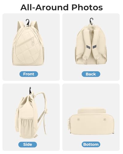 Drawstring Tennis Backpack, Puffer Tennis Racket Bag with Shoe Compartment & Wet Pocket Gym Bag for Women, Suitable for Pickleball Tennis Badminton - color: Beige