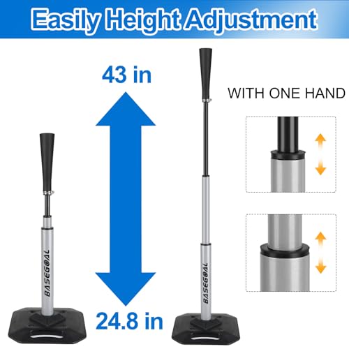 BaseGoal Baseball & Softball Batting Tee,Portable Hitting Tee,with Heavy Duty Base,Rolled Flexible Rubber Top,Adjustable Height for Kids or Adults - color: Gray