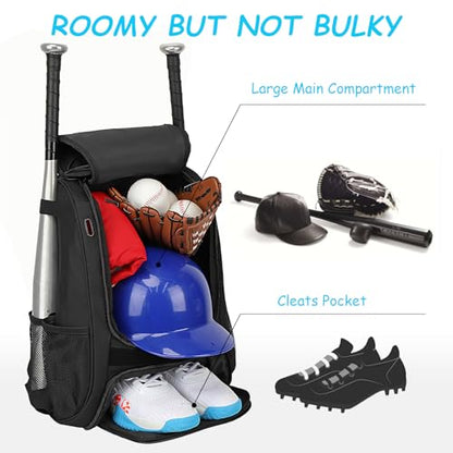 LARIPOP Youth Baseball Bag, Bat Backpack with Fence Hook & Separate Shoe Compartment, Waterproof Equipment Bag for Baseball, T-Ball & Softball - color: Black