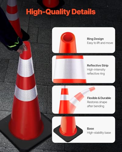 VEVOR Safety Cones, 6 Pack 36" Traffic Cones, PVC Orange Construction Cones with Reflective Collars and Black Weighted Base, for Traffic Control, Driveway Road Parking and School Improvement