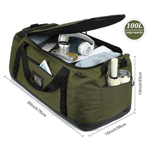 100L Extra Large Travel Duffle Bag Backpack for Men, 3 in 1 Sports Duffel Bags W/Adjustable Shoulder Strap & Dividers Gym Equipment/Gear Weekend Overnight Bag for Trip Camping Hiking, XL Green - color: Green