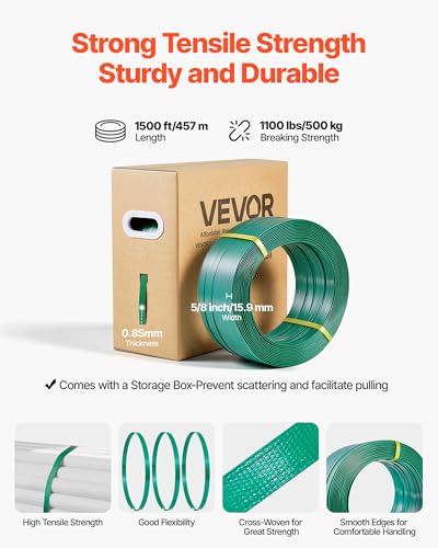 VEVOR Banding Strapping Kit, Heavy Duty Banding Sealer Tool with 1500 ft PET Band, 450 Metal Seals, 150 Corner Protectors & Gloves, Plastic Pallet Packaging Strapping Kit for Warehouse/Shipping/Moving