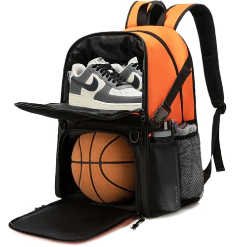 Basketball Bag Backpack with Ball Holder and Shoes Compartment,Best for Basketball, Soccer, Volleyball, Gym. (ORANGE) - color: Orange