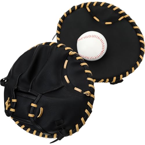 VioraWhite Pancake Baseball and Softball Training Glove with Practice Foam Ball - Flat & Soft Premium PVC Fielding Gear for Right-Hand Throw, Great Choice for Teens - color: Black