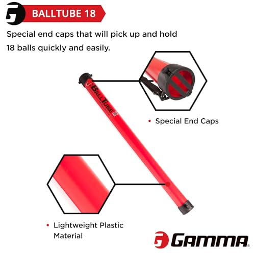 Gamma Sports Tennis Ball Tube Pickup – 18-Ball Capacity with Carry Strap and Durable Rubber End Caps with Fence Clips – Quick Court Cleanup Tool for Players, Coaches & Instructors - color: Red