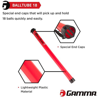 Gamma Sports Tennis Ball Tube Pickup – 18-Ball Capacity with Carry Strap and Durable Rubber End Caps with Fence Clips – Quick Court Cleanup Tool for Players, Coaches & Instructors - color: Red