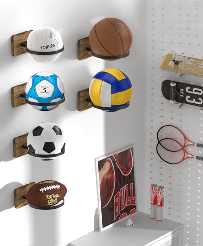 Wall Mount Basketball Holder with Wooden Base – Ball Storage Display Rack for Autograph Basketball, Football, Soccer, Volleyball – Sports Organizer for Player Fans, Home Gym, Bedroom, Garage