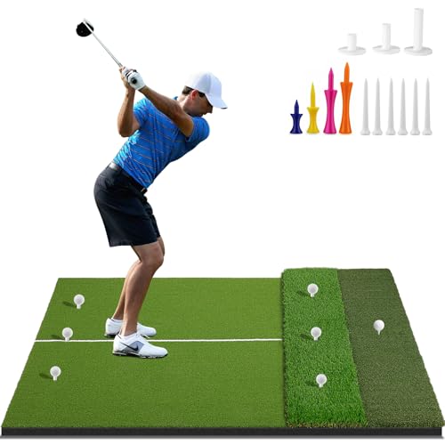 Tri-Turf Premium Golf Hitting Mat, 6x4ft Extra Large, 50mm/55mm/31mm Extra Thick, Non-Slip Foam Base, Dense Artificial Grass, Accept Real Tees, Indoor & Outdoor Practice, Drive/Chip/Pitch, with Tees