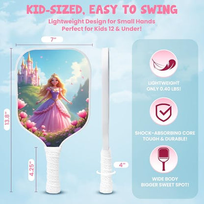 Kids Pickleball Paddle Designed for Ages 3–12 | Lightweight Fiberglass (0.37 lbs) | Small Grip for Easy Control | Fun Beginner Gift for Girls, Toddlers & Youth - color: Princess