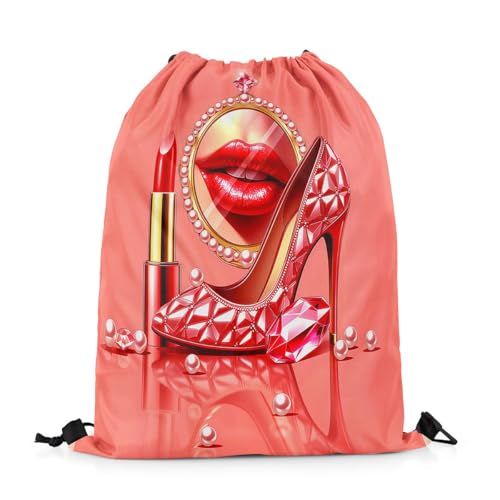 Castle Fairy Makeup Lipstick Print Drawstring Backpack Gym Bag,Crystal Shoes Cinch Bag,Glitter Diamond Pearl Foldable Draw String Back Bags Sports Bags,Pink Gold - color: Pink Gold