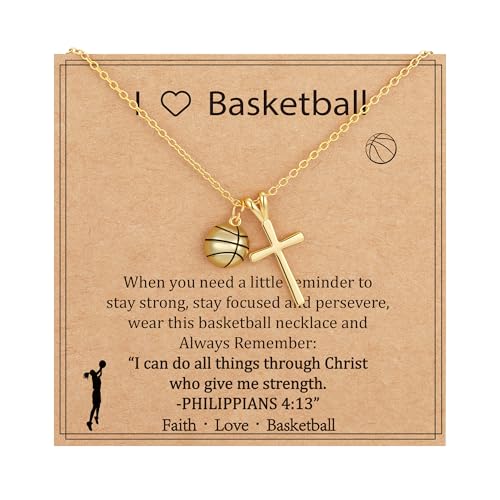 Gnamy Softball/Volleyball/Basketball/Soccer Necklace for Teen Girls Women, Gold/Silver Cross Pendant Sport Accessories Christian Religious Jewelry Gifts for Teens Kids Lovers - color: Gold, style: Basketball