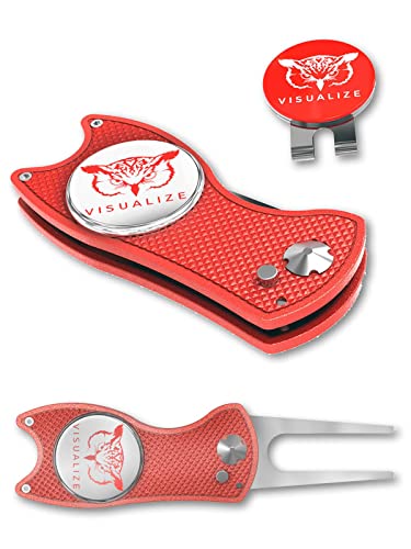 VISUALIZE Elite Switchblade Golf Divot Repair Tool Set with Ball Marker - Sturdy Anodized Aluminum - Perfect Golf Accessory Gift - color: Red