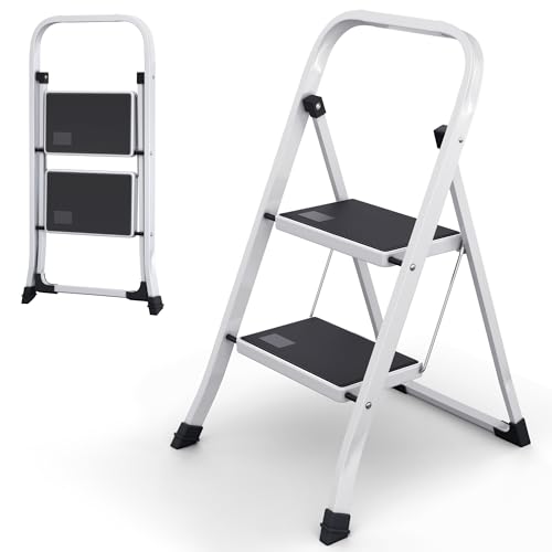 2-Step Ladder with Wide Anti-Slip Platform & Thick Rubber Feet | Heavy Duty Foldable & Portable | 330 lbs Capacity, Steel Frame, Rubber Handgrip, Folding Step Stool - color: White, size: 2-Step