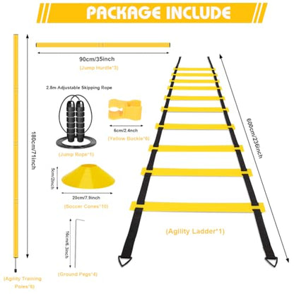 Agility Training Set with 3 Adjustable Speed Hurdles, 6 Poles, 1 Ladder, 12 Soccer Cones and Jump Rope, Footwork and Coordination Equipment for Soccer, Football, Basketball, Youth and Adults